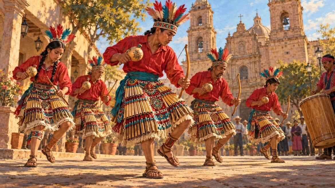 Ilustración de matachines con trajes rojos, sonajas y arcos, danzando junto a un tambor frente a una iglesia de cantera.