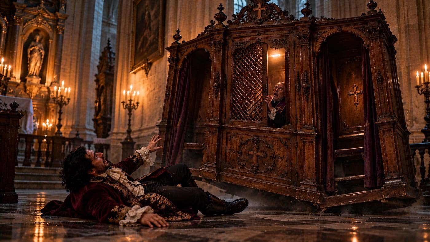 Antiguo confesionario de madera levantándose violentamente mientras un sacerdote aterrorizado observa a Juan Pérez de Toledo caído en el suelo.