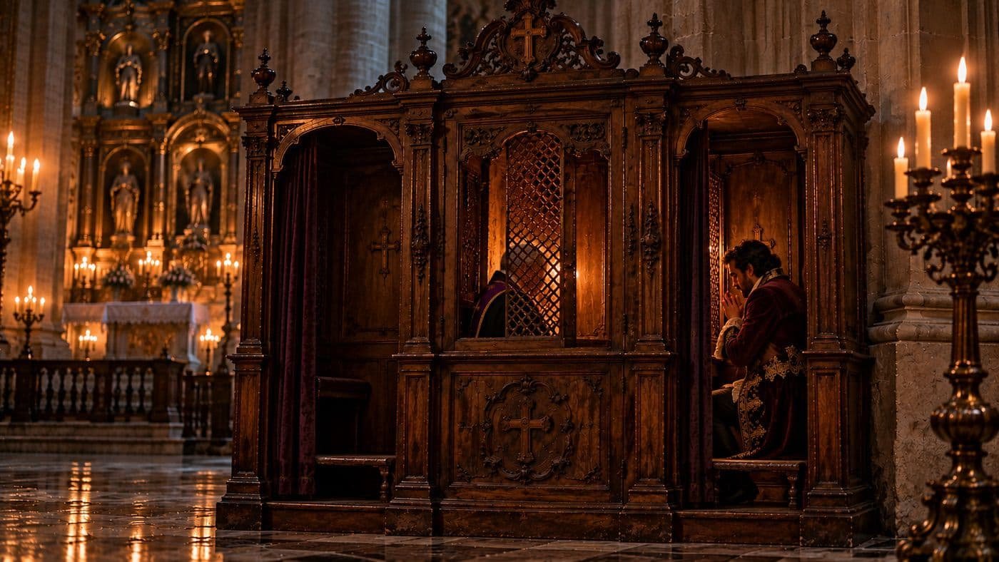 Juan Pérez de Toledo arrodillado dentro de un antiguo confesionario de madera mientras un sacerdote escucha su confesión en la Catedral de Durango.