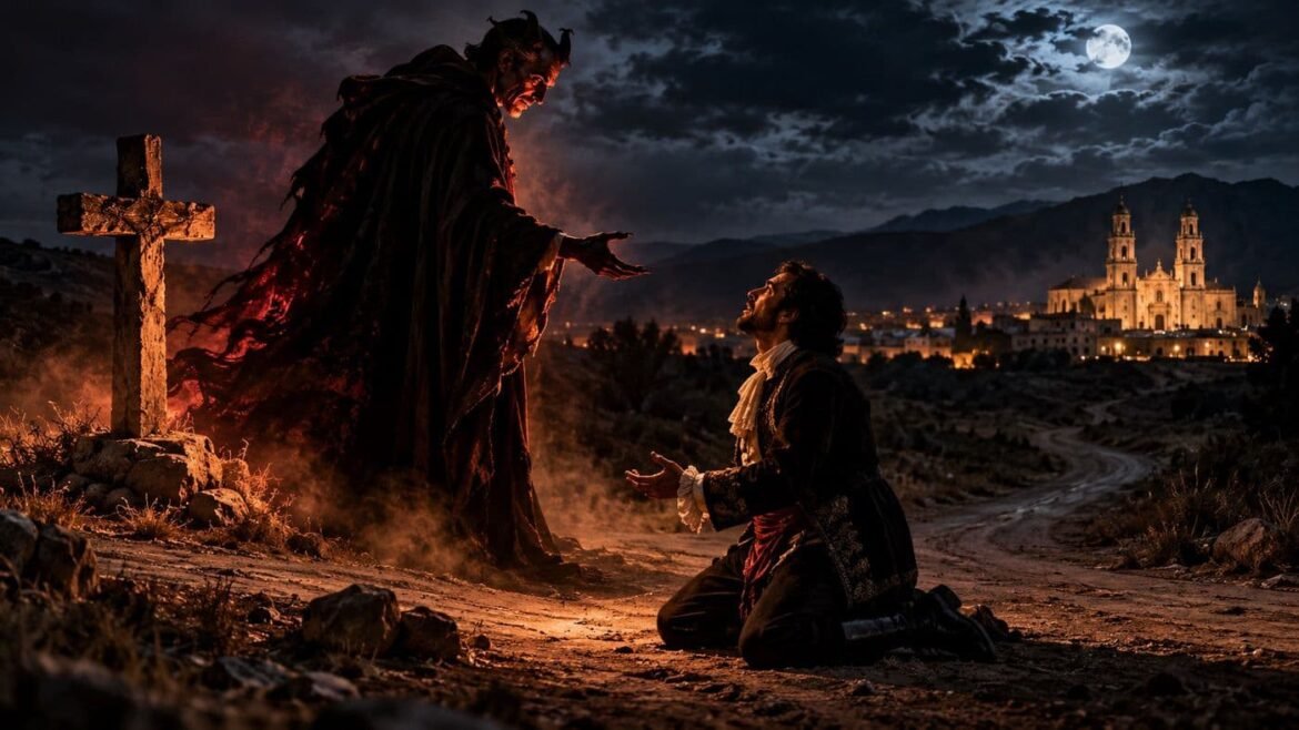 Juan Pérez de Toledo arrodillado frente al diablo en un cruce de caminos durante una noche oscura en el Durango colonial.