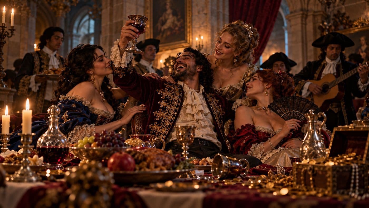 Juan Pérez de Toledo celebrando una lujosa fiesta rodeado de mujeres, vino y riquezas en el Durango colonial del siglo XVIII.