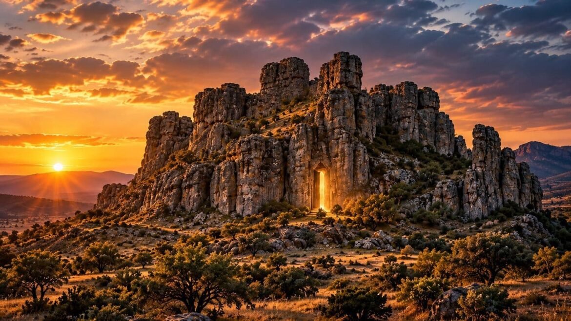 Castillo de Menores en San Juan del Río, Durango, representado como una misteriosa formación rocosa al atardecer