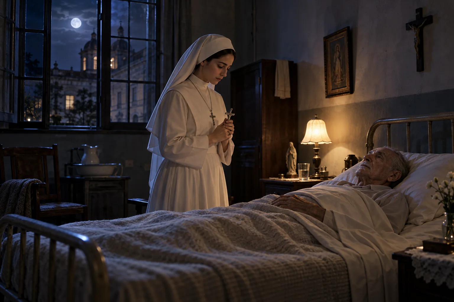 Ilustración de la hermana Vicky rezando con un crucifijo junto a un paciente anciano en una cama de hospital