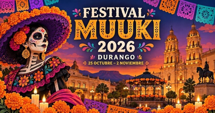 Ilustración de una catrina con flores de cempasúchil y papel picado para el Festival Muuki 2026 en Durango.