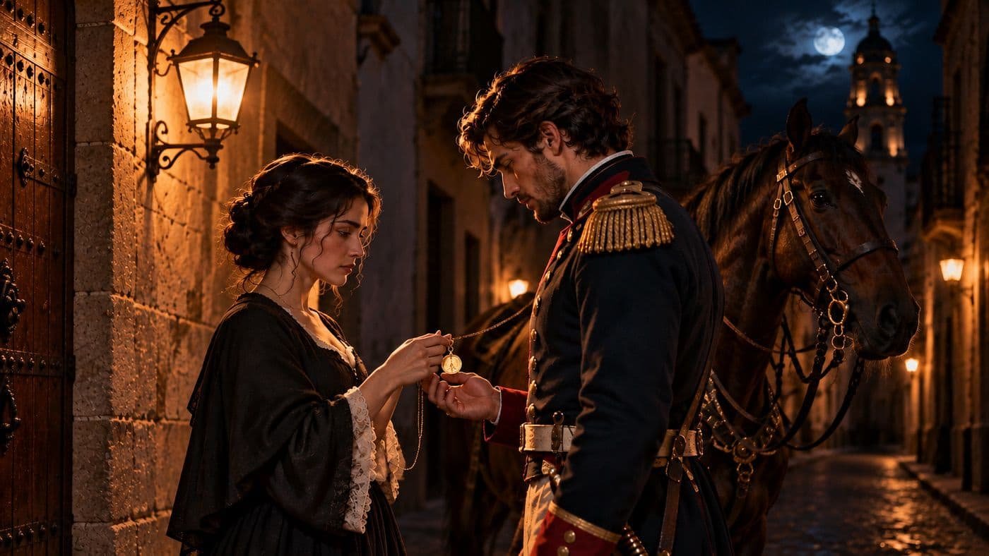 Beatriz entrega una medalla de oro a Fernando junto a su caballo, durante una despedida nocturna en una calle colonial de Durango.