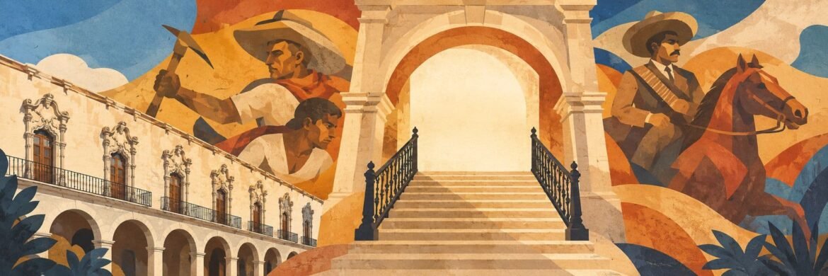 Ilustración inspirada en el Museo Francisco Villa, con fachada de cantera, escalera y escenas de sus murales.