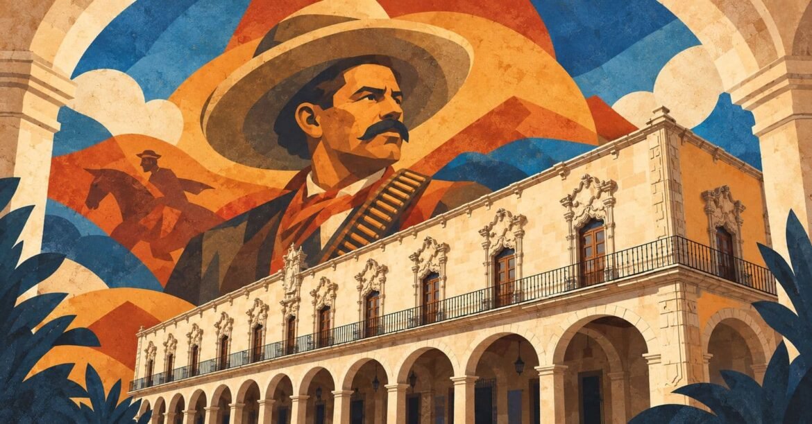 Ilustración de Francisco Villa junto a la fachada del Palacio de Zambrano en Durango.